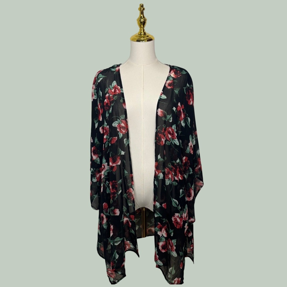 black red rose sheer floral kimono cover up layering coquette cottagecore dainty